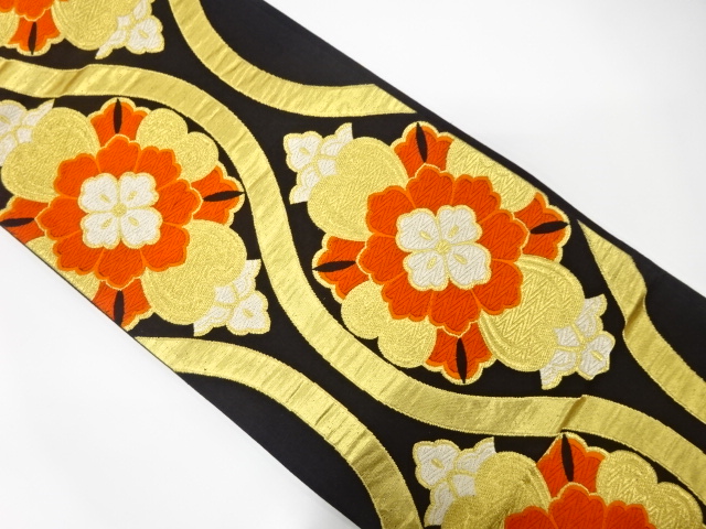 JAPANESE KIMONO / ANTIQUE FUKURO OBI / SILK / WOVEN FLOWER & TATEWAKU PATTERN